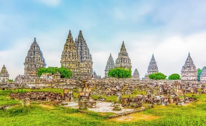 Framed Print : Candi Prambanan, Java, Indonesia. Wide angle landscape view of some of the more than 500 temples of the ancient Hindu temples