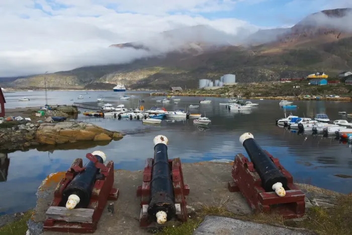 Framed Print : Cannon artillery overlooking the harbor, Qeqertarsuaq, Greenland