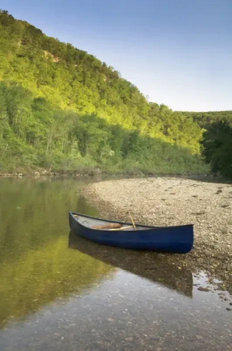 Framed Print : Canoe parked on a gravel bar, Mile 120 opposite the Tie Chute Bluff on the Buffalo River Framed Print : Canoe parked on a gravel bar, Mile 120 opposite the Tie Chute Bluff on the Buffalo River