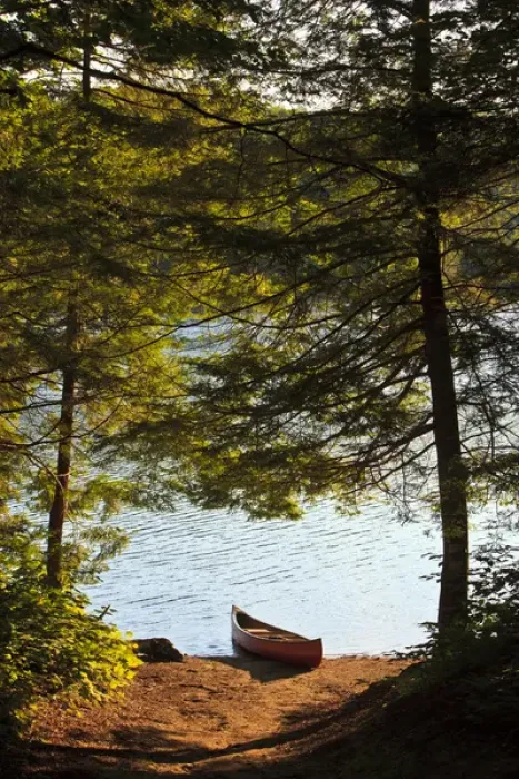 Framed Print : Canoe on the shore next to Zack Woods Pond in Hyde Park, Vermont