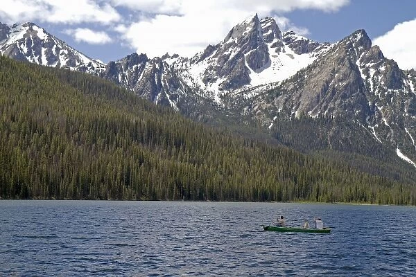 Canoeing on Stanley Lake in the Sawtooth Mountain Range near Stanley, Idaho, USA