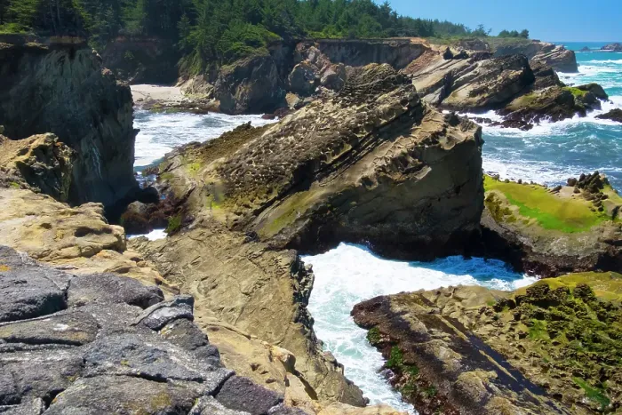 Framed Print : Cape Arago State Park, Coos County, Oregon, USA. Pacific Ocean meets rocks on the rugged coastline Framed Print : Cape Arago State Park, Coos County, Oregon, USA. Pacific Ocean meets rocks on the rugged coastline