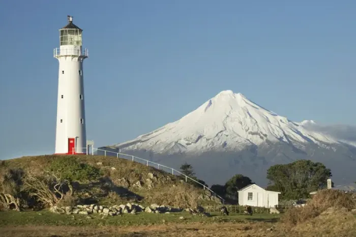 Framed Print : Cape Egmont Lighthouse and Mt Taranaki  /  Mt Egmont, Taranaki, North Island, New Zealand