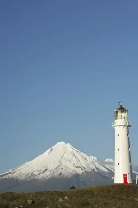 Framed Print : Cape Egmont Lighthouse and Mt Taranaki  /  Mt Egmont, Taranaki, North Island, New Zealand