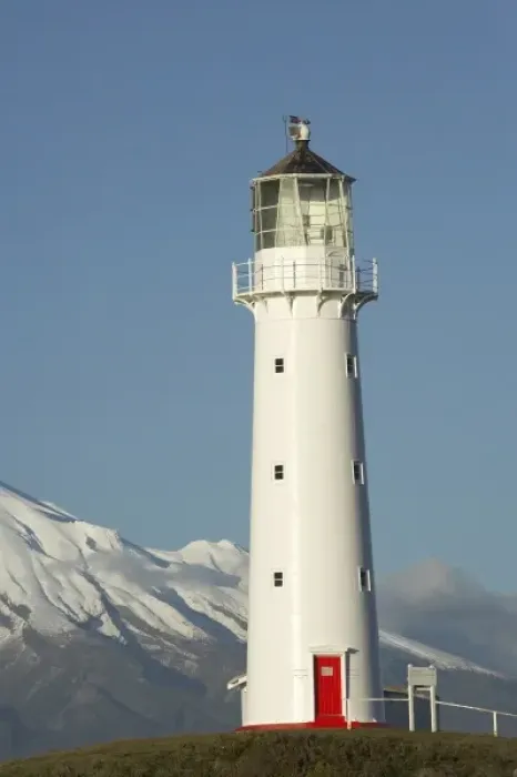 Framed Print : Cape Egmont Lighthouse and Mt Taranaki  /  Mt Egmont, Taranaki, North Island, New Zealand