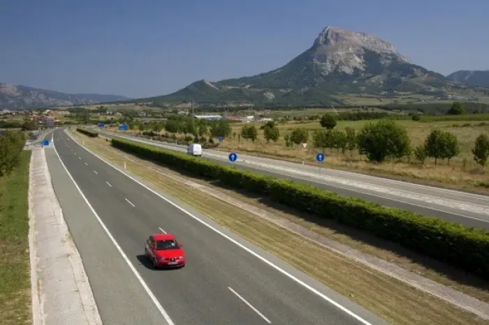 Framed Print : Car traveling along the A-10 Autopista near the town of Etxarri-Aranatz, Navarre, northern Spain