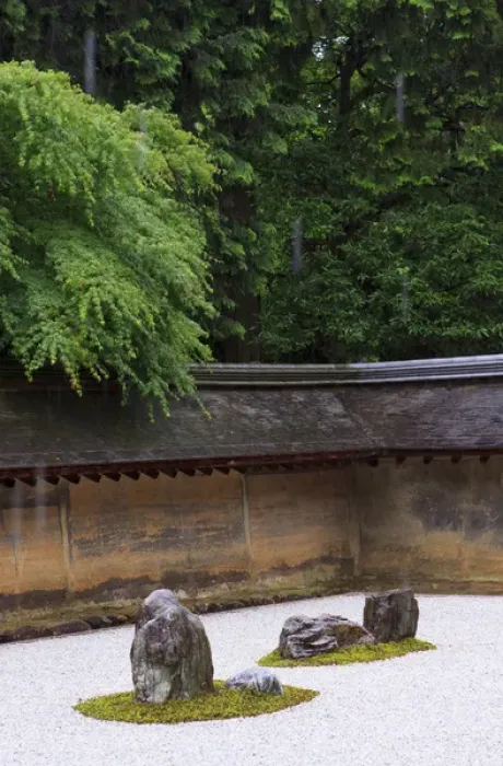 Framed Print : The carefully placed rocks and raked gravel gardens of the Zen garden of Ryoan-Ji Temple in Kyoto Framed Print : The carefully placed rocks and raked gravel gardens of the Zen garden of Ryoan-Ji Temple in Kyoto