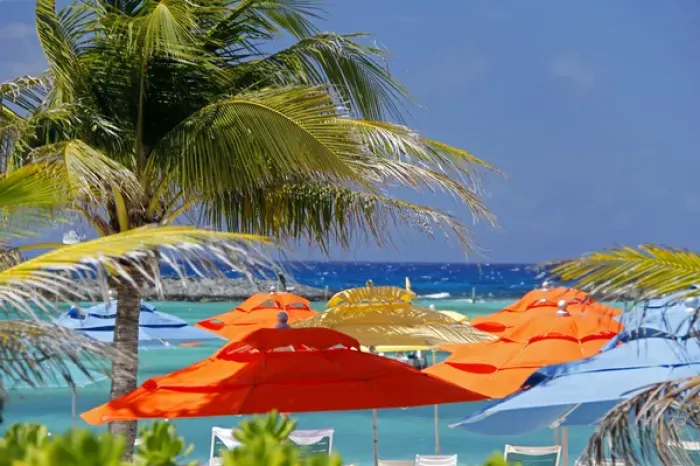 Framed Print : Caribbean, Bahamas, Castaway Cay. Umbrellas and Shade at Castaway Cay