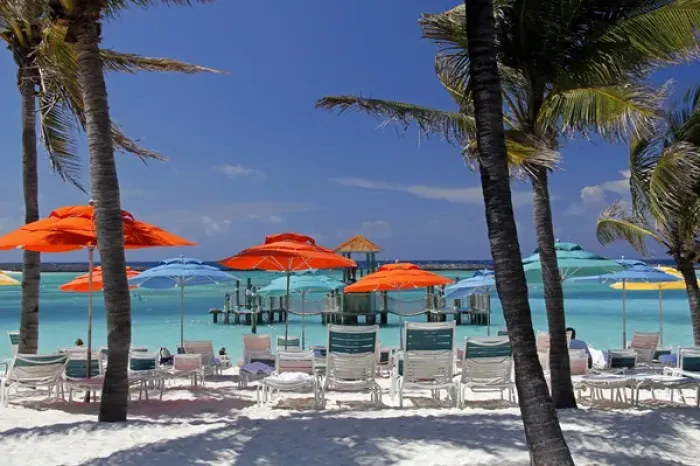 Framed Print : Caribbean, Bahamas, Castaway Cay. Umbrellas and Shade at Castaway Cay