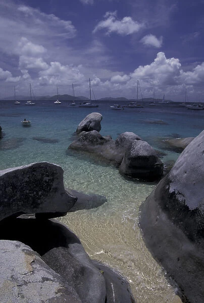 CARIBBEAN, British Virgin Islands, Virgin Gorda Rock formations and sailboats