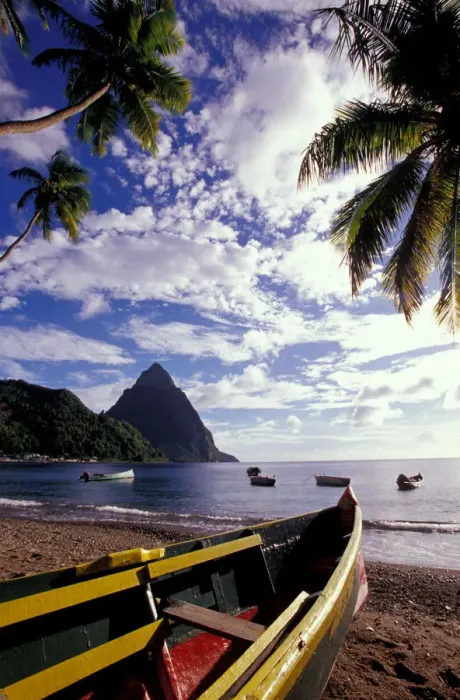 Framed Print : Caribbean, BWI, St. Lucia, Fishing boats and Pitons, Soufriere