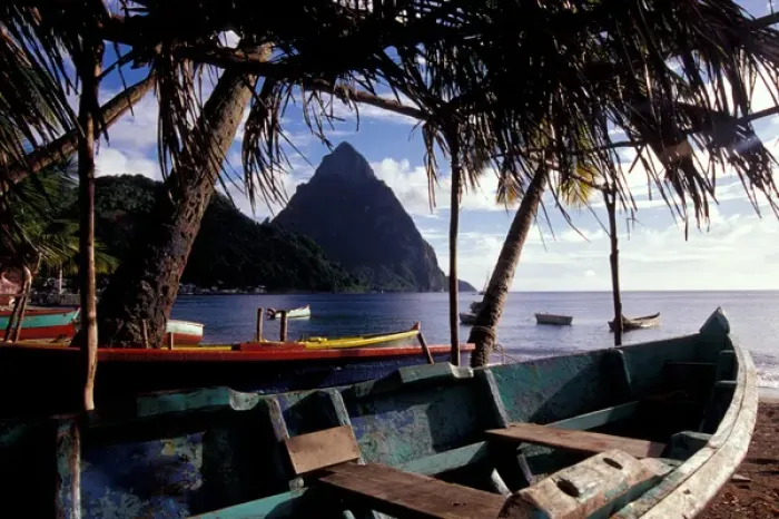 Framed Print : Caribbean, BWI, St. Lucia, Fishing boats and Pitons, Soufriere Framed Print : Caribbean, BWI, St. Lucia, Fishing boats and Pitons, Soufriere