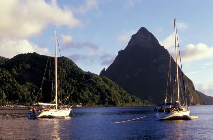 Framed Print : Caribbean, BWI, St. Lucia, Fishing boats and Pitons, Soufriere Framed Print : Caribbean, BWI, St. Lucia, Fishing boats and Pitons, Soufriere