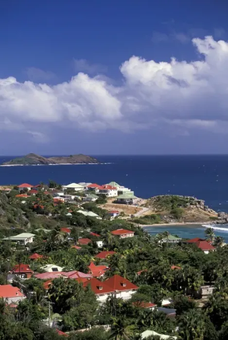Framed Print : Caribbean, French West Indies, St. Barthelemy (St. Barts), Anse de Cayes. View of homes Framed Print : Caribbean, French West Indies, St. Barthelemy (St. Barts), Anse de Cayes. View of homes