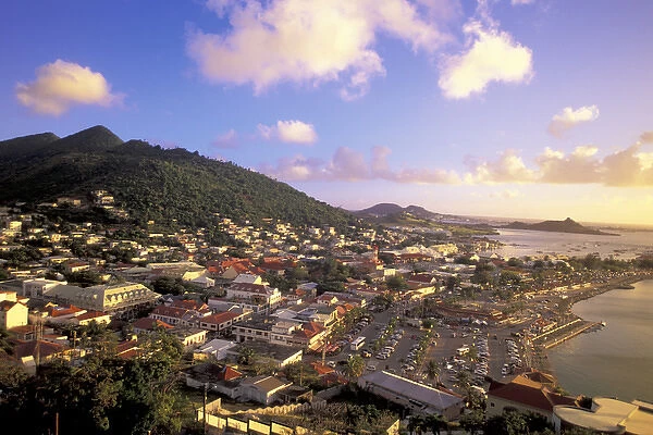 Caribbean, French West Indies, St. Martin Marigot; town seen from Ft. Louis; sunset