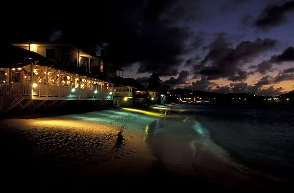 Caribbean, French West Indies, St. Martin Grand Case; Il Nettuno and beach; evening; St
