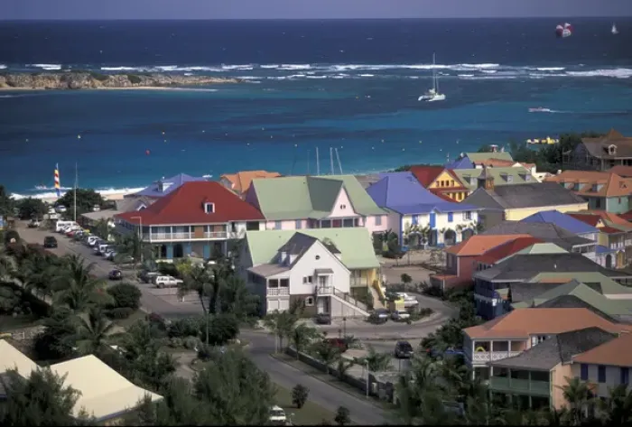 Framed Print : Caribbean, French West Indies, St. Martin Orient Beach; Orient Bay Village; aerial Framed Print : Caribbean, French West Indies, St. Martin Orient Beach; Orient Bay Village; aerial
