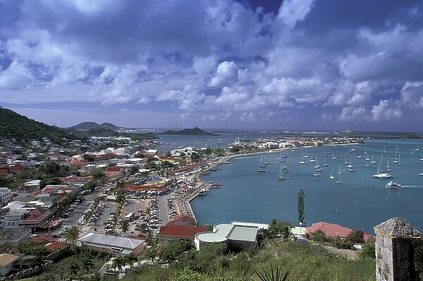 Caribbean, French West Indies, St. Martin Marigot; town from Ft. Louis; morning