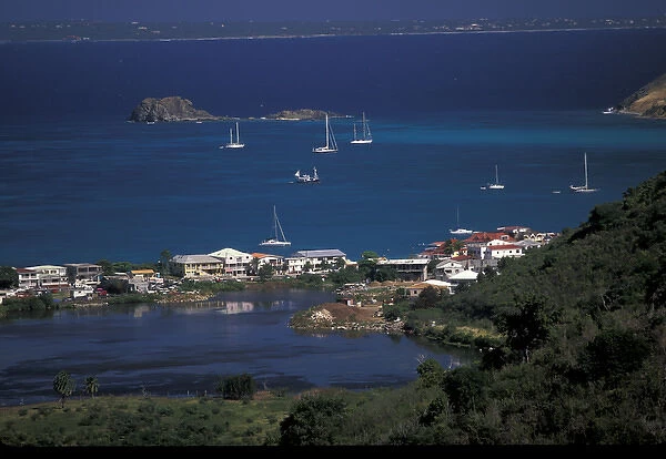 Caribbean, French West Indies, St. Martin Grand Case; aerial view of downtown; St
