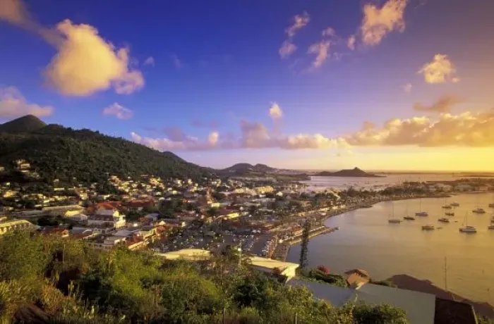 Framed Print : Caribbean, French West Indies, St. Martin. Marigot; town seen from Ft. Louis; sunset Framed Print : Caribbean, French West Indies, St. Martin. Marigot; town seen from Ft. Louis; sunset