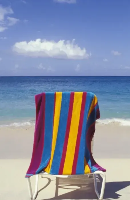 Framed Print : Caribbean, Grenada, Grand Anse beach. Beach towel on chair Framed Print : Caribbean, Grenada, Grand Anse beach. Beach towel on chair