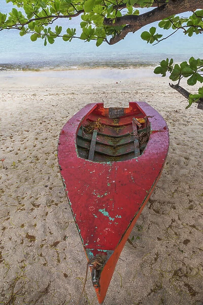 Caribbean, Grenada, Island of Carriacou. Wooden fishing boat on beach