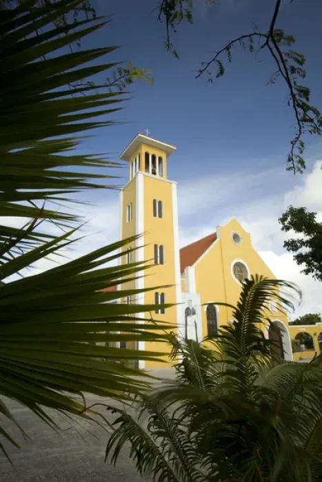 Framed Print : Caribbean, Netherlands Antilles, Bonaire, Rincon. Church and palm trees Framed Print : Caribbean, Netherlands Antilles, Bonaire, Rincon. Church and palm trees