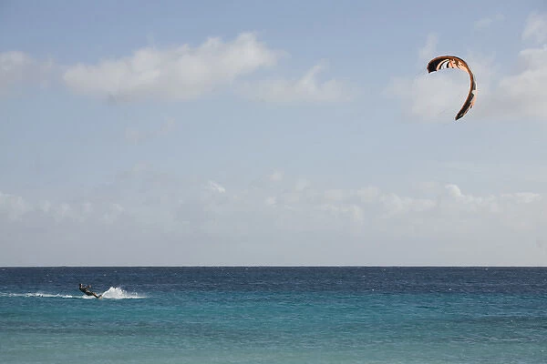 Caribbean, Netherlands Antilles, Bonaire. Kite-surfer on the Caribbean Sea