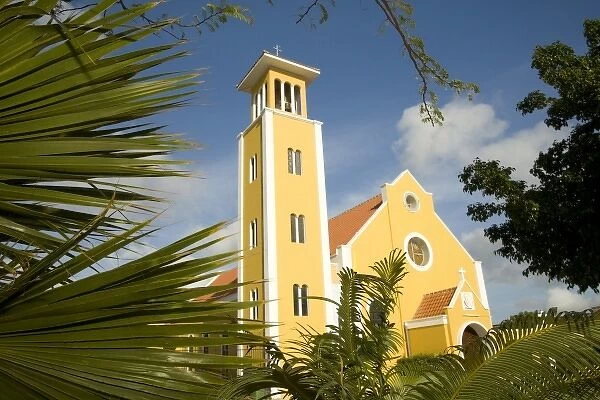 Caribbean, Netherlands Antilles, Bonaire, Rincon. Church and palm trees