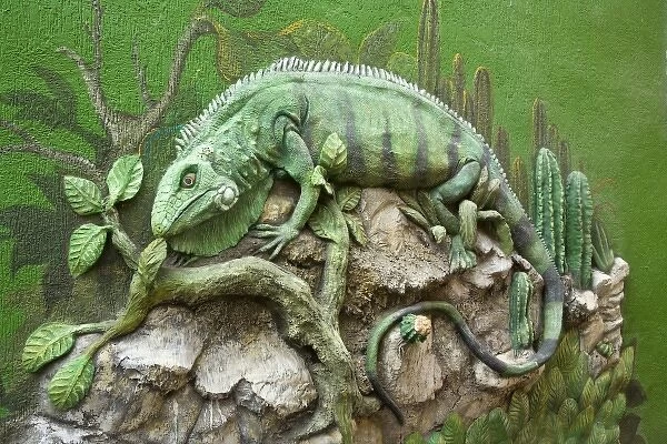 Caribbean, Netherlands Antilles, Curacao, Willemstad. 3D mural of iguana by Estaban