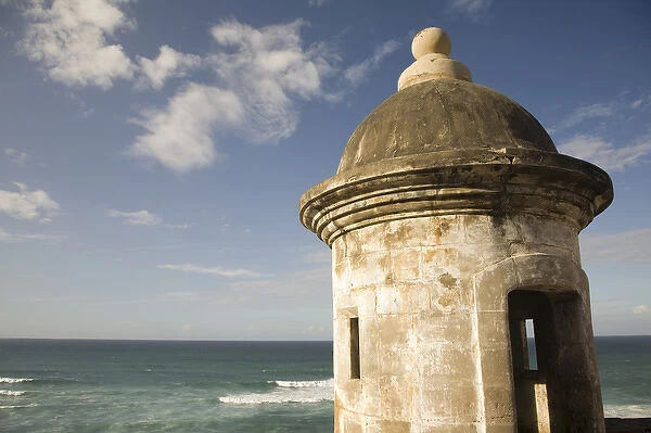 Caribbean, Puerto Rico, Old San Juan. Turret of Fort San Cristobal and Atlantic Ocean
