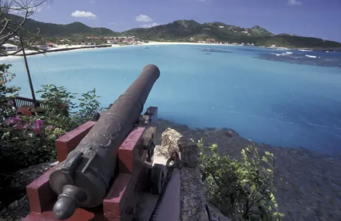 Framed Print : CARIBBEAN, Saint Barts Cannon aiming into Bay of St. Jean Framed Print : CARIBBEAN, Saint Barts Cannon aiming into Bay of St. Jean