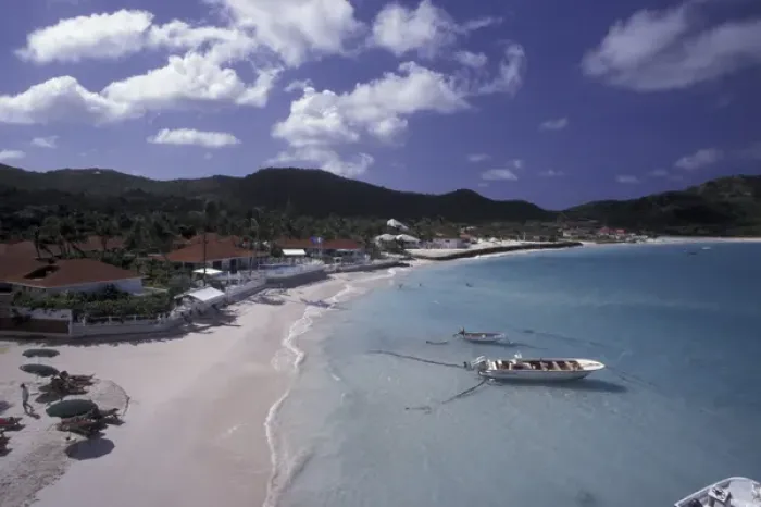 Framed Print : CARIBBEAN, Saint Barts Resort on bay, fishing boats