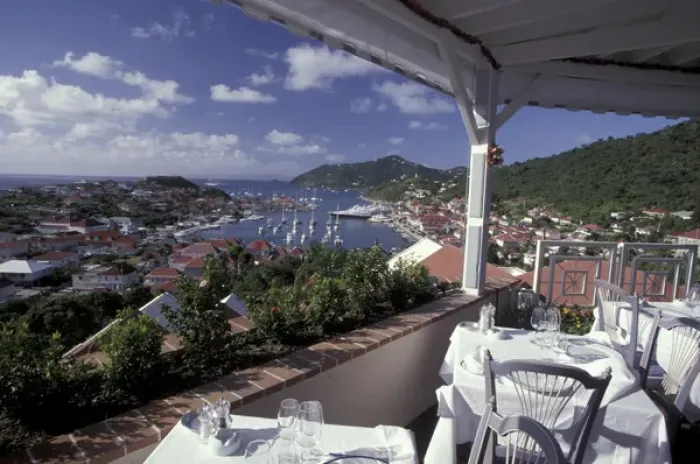 Framed Print : CARIBBEAN, Saint Barts View of Gustavia Harbor from restaurant terrace