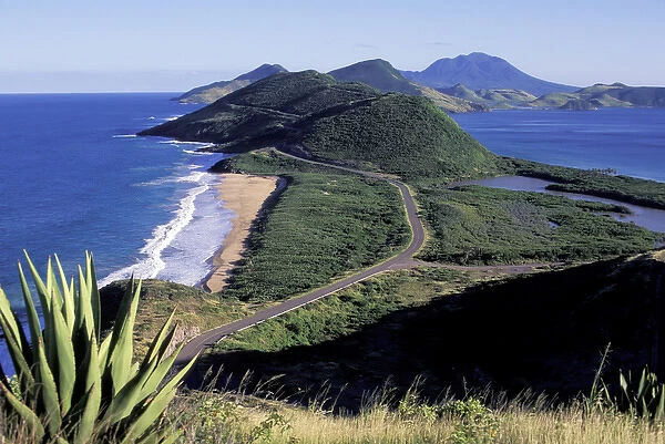 Caribbean, St. Kitts, Friars Bay. Southeast peninsula w  /  Nevis in the background
