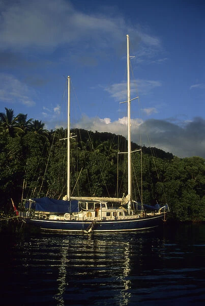 Caribbean: St. Lucia, Marigot Bay, sailboat anchored in harbor