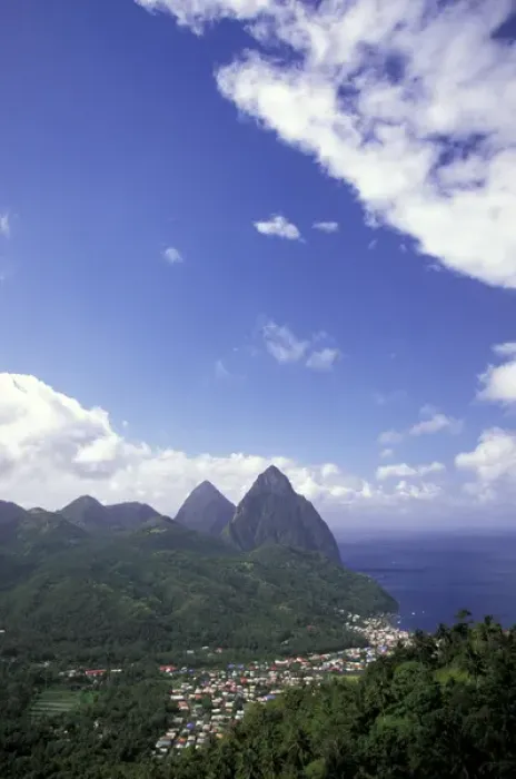 Framed Print : Caribbean, St. Lucia, Soufriere. Morning view of the Pitons and Soufriere from the NE Framed Print : Caribbean, St. Lucia, Soufriere. Morning view of the Pitons and Soufriere from the NE
