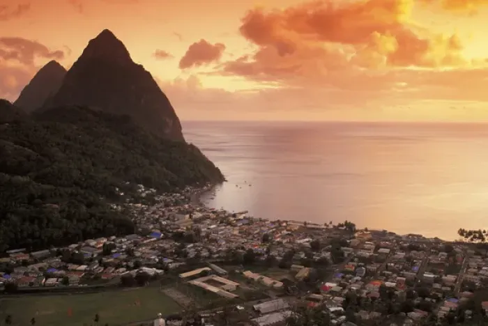 Framed Print : Caribbean, St. Lucia, Soufriere. Sunset view of the Pitons and Soufriere from the NE