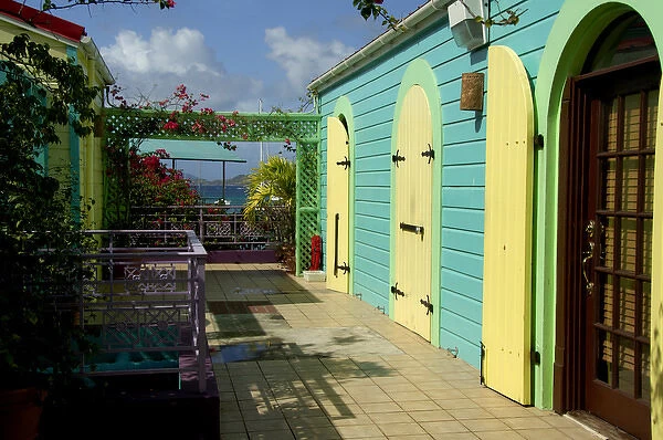 Caribbean, U. S. Virgin Islands, St. John, Cruz Bay. Typical waterfront buildings