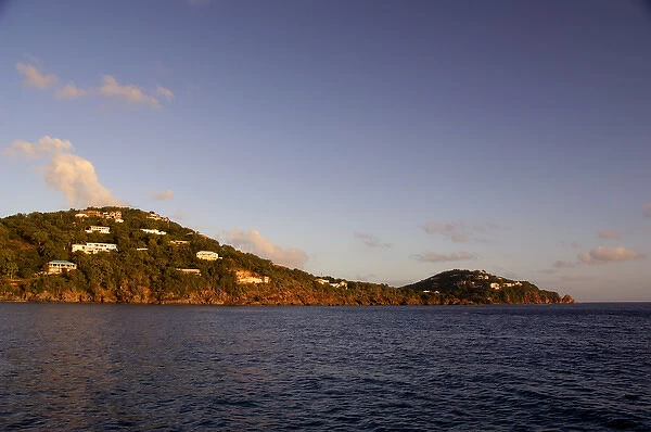 Caribbean, U. S. Virgin Islands, St. John. View of St. John from island ferry, sunset