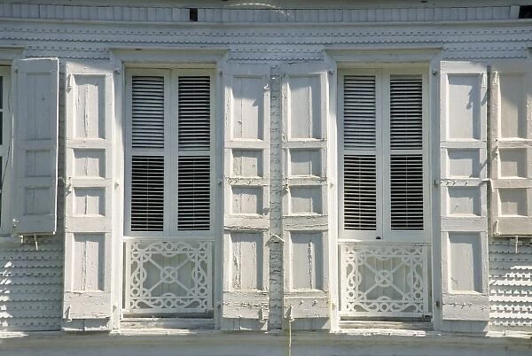 Caribbean, US Virgin Islands, St Croix, Frederiksted, Strand Street, detail of white windows