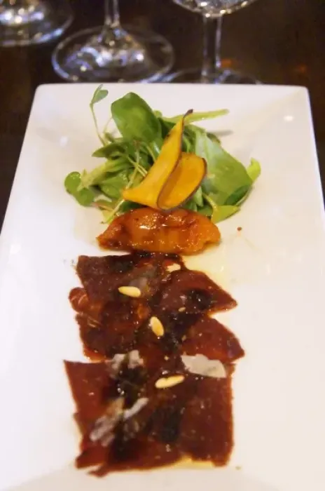 Framed Print : Carpaccio raw marinated beef with pine nuts, mache lettuce, bell pepper, fried pumpkin chips