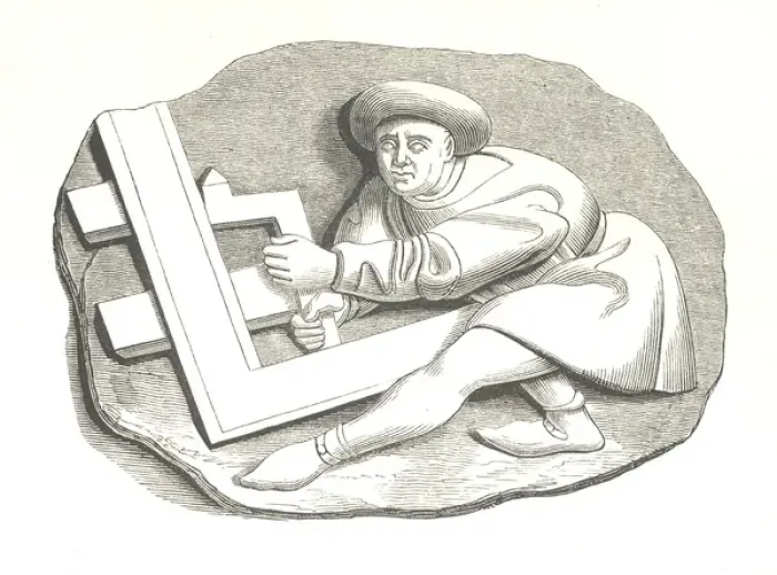 Framed Print : Carpenters Apprentice working on a trial piece. Medieval woodcut