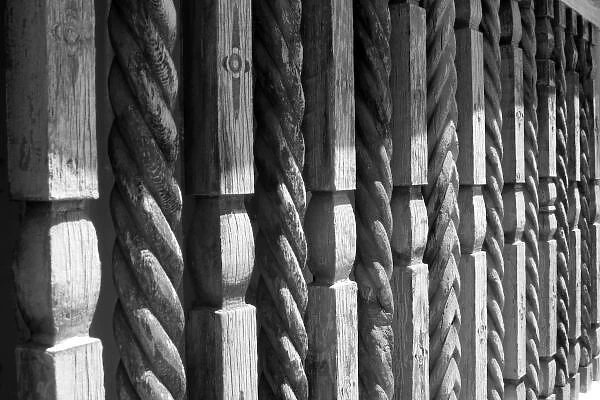 Carved wood fencing on Canyon Rd, Santa Fe, New Mexico, USA