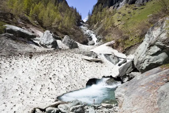 Framed Print : The cascades of the river Isel in national Park Hohe Tauern. Rests of avelanche are covering Framed Print : The cascades of the river Isel in national Park Hohe Tauern. Rests of avelanche are covering