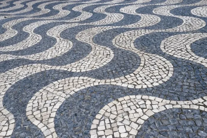 Framed Print : Cascais, Portugal Europe. Typical Portuguese tiled sidewalk in black and white pattern Framed Print : Cascais, Portugal Europe. Typical Portuguese tiled sidewalk in black and white pattern