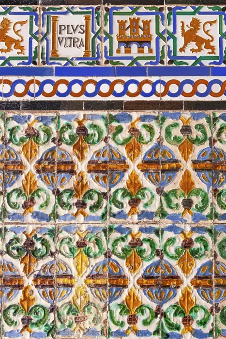 Framed Print : Casco Antiguo, Seville, Seville Province, Andalusia, Spain. May 5, 2023. Historic decorative tiles on display at the Alcazar of Seville, a former Moorish citadel. Editorial Use Only Framed Print : Casco Antiguo, Seville, Seville Province, Andalusia, Spain. May 5, 2023. Historic decorative tiles on display at the Alcazar of Seville, a former Moorish citadel. Editorial Use Only