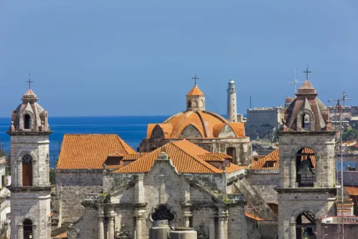 Framed Print : Cathedral and light house in the harbor in the historic center, Havana, UNESCO World Heritage site