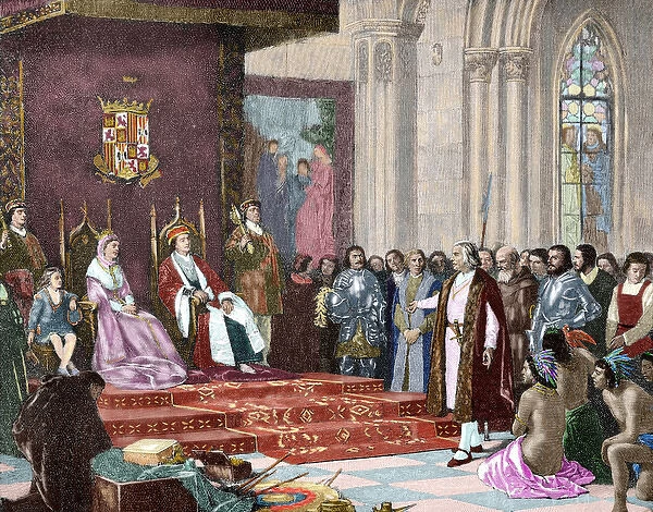 The Catholic Kings receiving Columbus in Barcelona after his first voyage. April 1493
