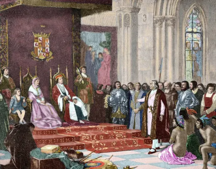 Framed Print : The Catholic Kings receiving Columbus in Barcelona after his first voyage. April 1493